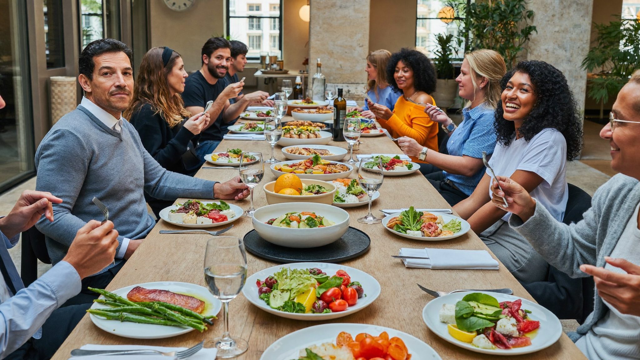 Mesa corrida preparada para um almoço de empresa
