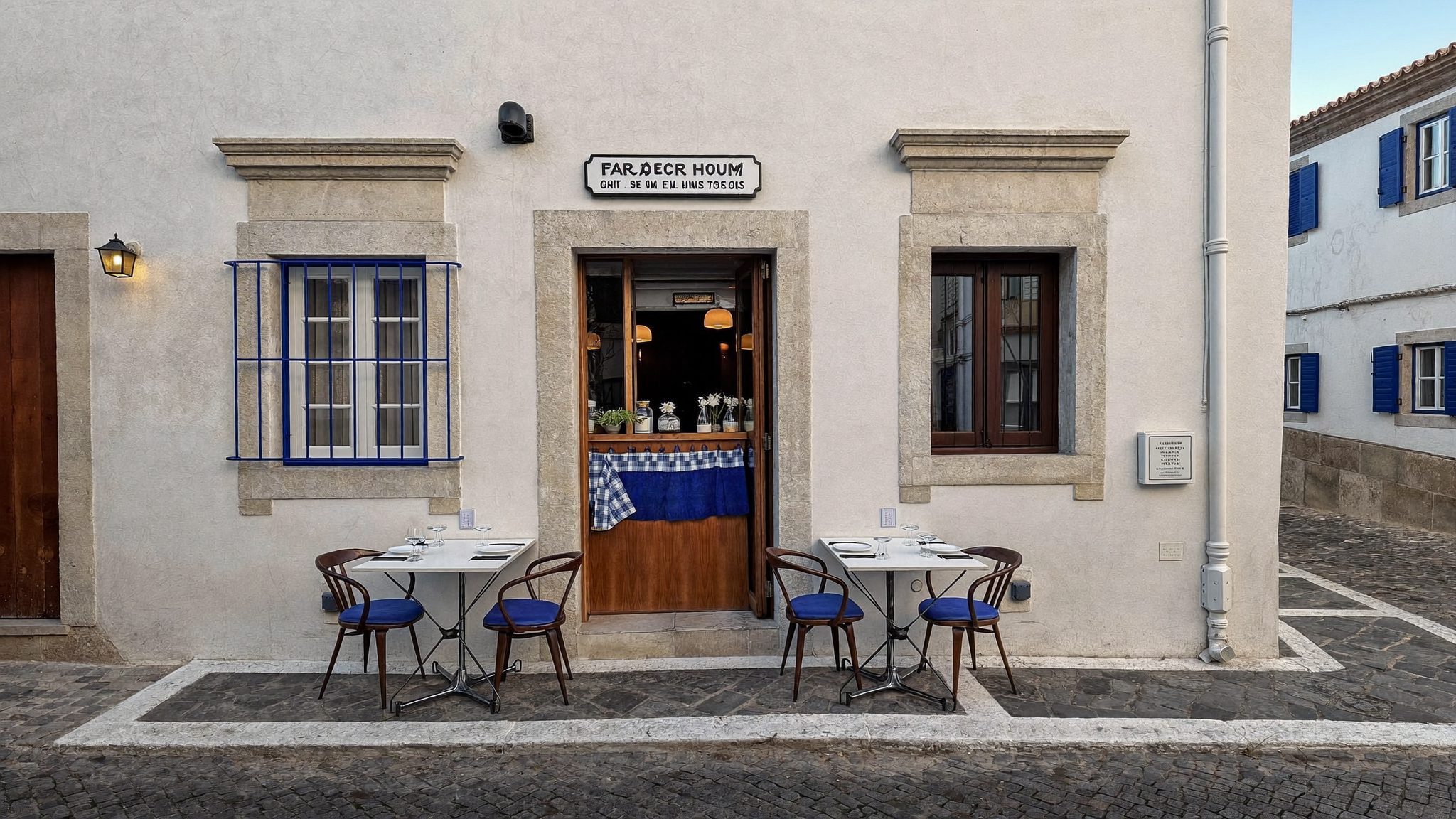 Entrada do restaurante Mesa Baixa numa rua da Baixa de Faro
