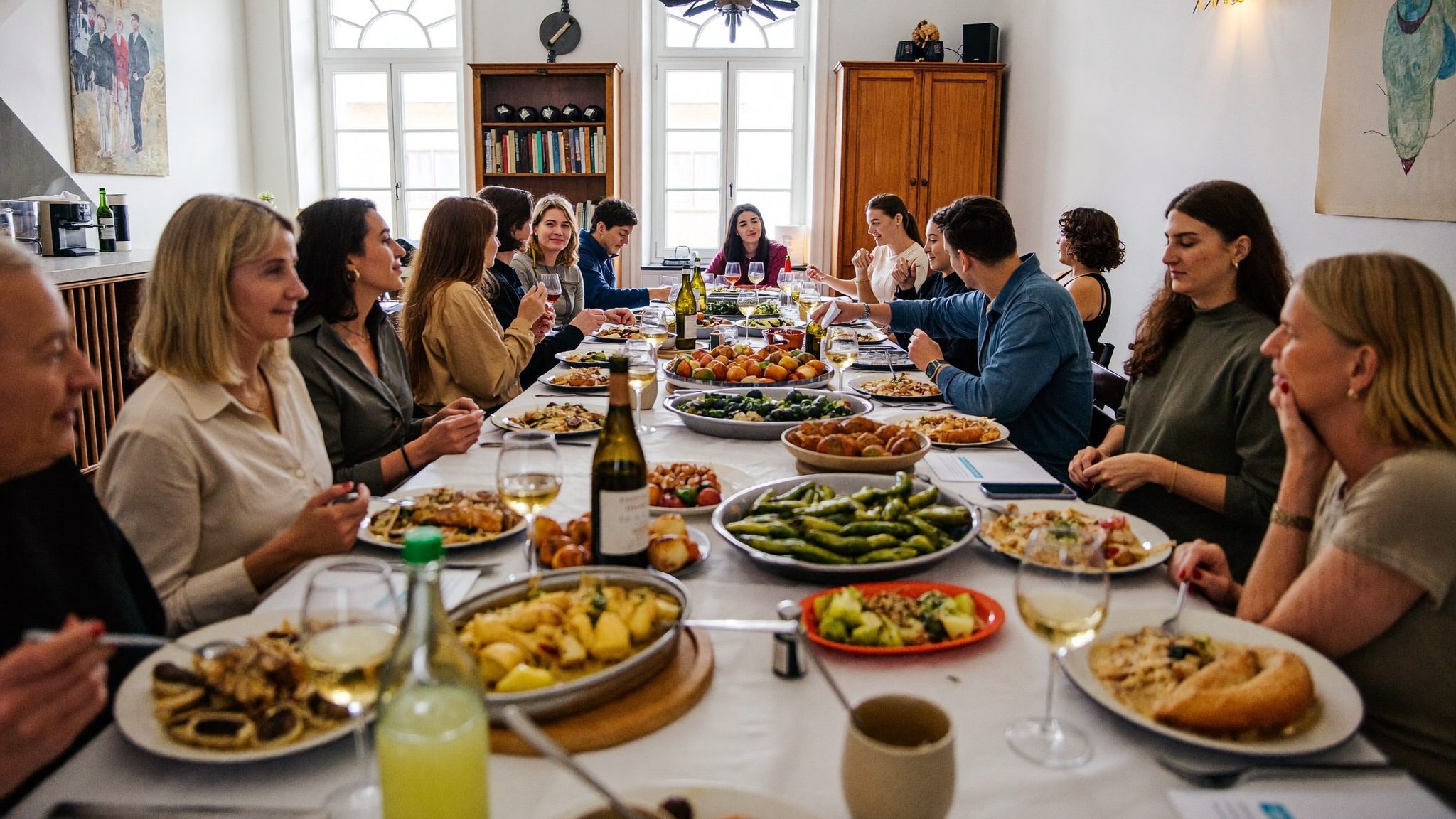 Mesa corrida montada para um jantar de grupo numa sala do restaurante
